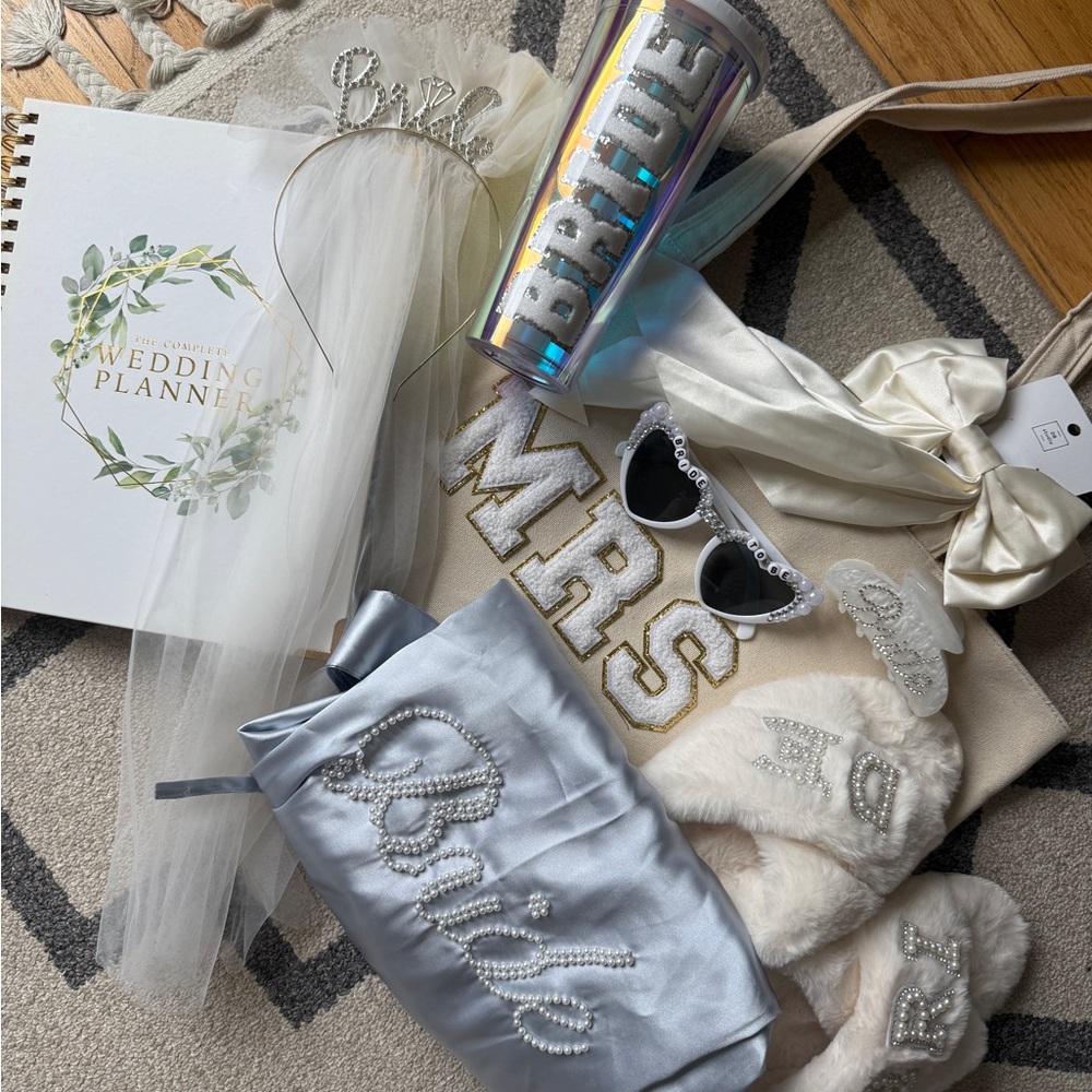 Bridal Accessories Set w/ Bride slippers, Blue Bride robe, Mrs tote bag, & more!
